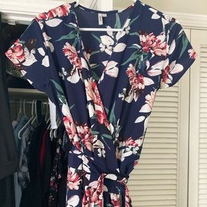 Navy Pink Green Floral Midi Wrap Dress